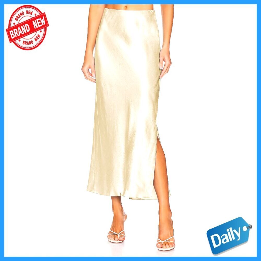 Satin Maxi Skirt with High Slit Elegant Flowy A-Line Elastic Waistband Party